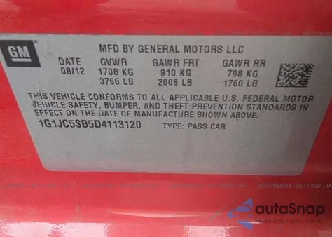 2013 Chevrolet Sonic Lt Auto из США, поврежденный, VIN 1G1JC5SB5D4113120